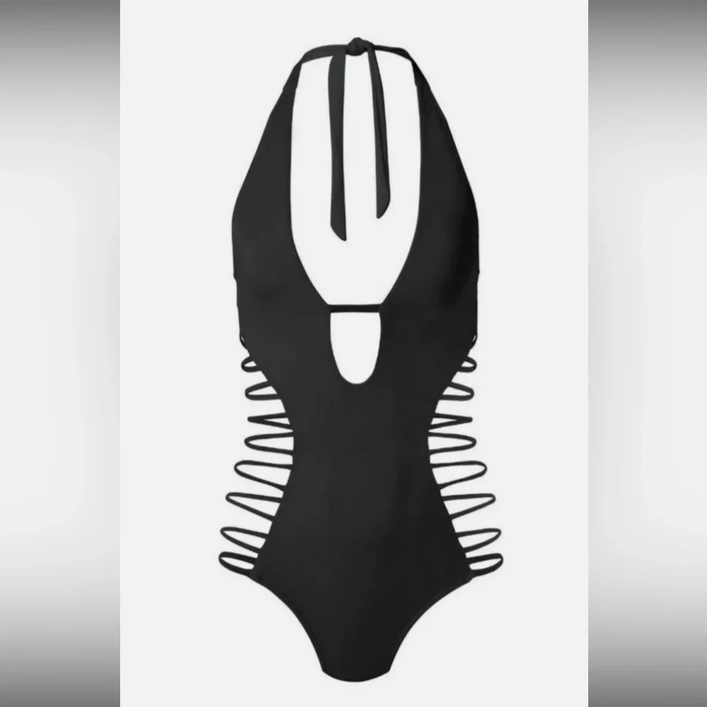 Sports Illustrated Swim Black Strappy Sides Plunging Halter One Piece Swimsuit